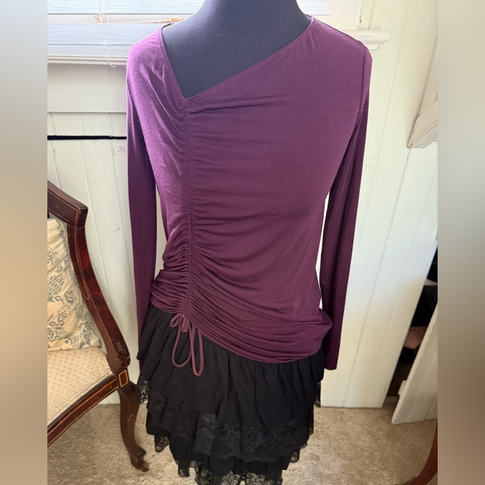 Purple Ruched Top with Black Lace Skirt